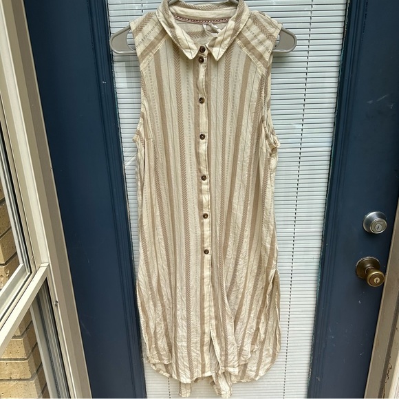 Anthropologie large vertical stripe cream tan tunic high low button down split - Picture 1 of 5